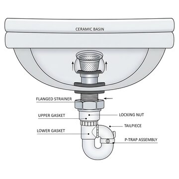 Detailed plumbing diagram of sink basin with labeled components
