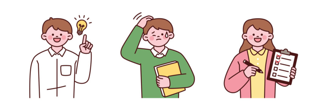 Actions of the teacher characters. They are performing actions as if an idea has struck them, holding their heads with their hands, making troubled expressions, and holding a checklist. 