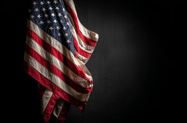 Naklejka premium American flag hanging on the left side with vibrant red and white stripes and blue canton with white stars, textured fabric, and waving motion