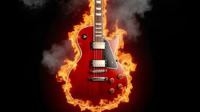 Electric guitar on fire with flames and smoke, symbolizing passion and energy in music