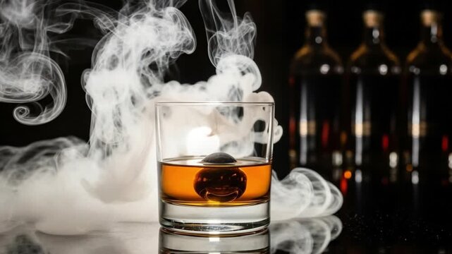A glass of whiskey with smoke rising from it on a dark background with bottles in the background