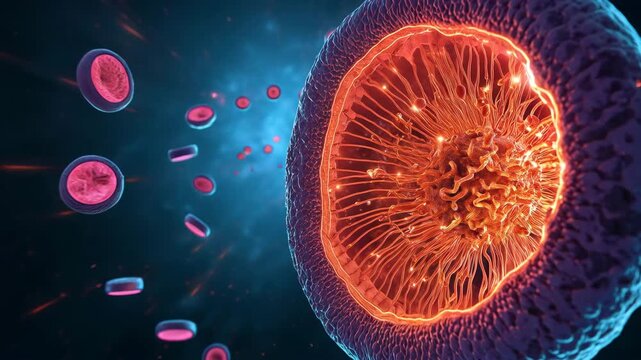 超広角で迫る切断ミトコンドリアと遠景の弧が強い遠近感を生む細胞内部