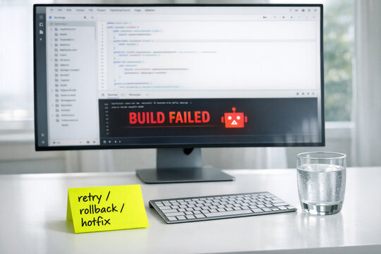A computer screen displaying a build failure error message with a glass of water and a yellow sticky note indicating a retry or rollback action, set against a bright multi-window workspace