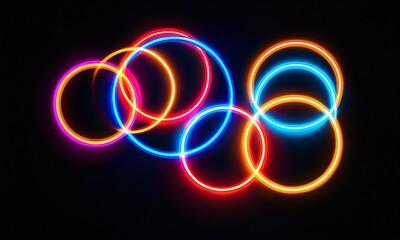 overlapping neon glowing rings in vibrant blue pink and orange colors floating in a dark cosmic space with abstract circles and luminous energy dynamics