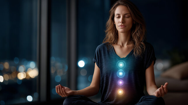 Faceless woman meditating with seven activated chakra energy centers glowing along her body, spiritual connection and energy healing concept, defocused background, with copy space