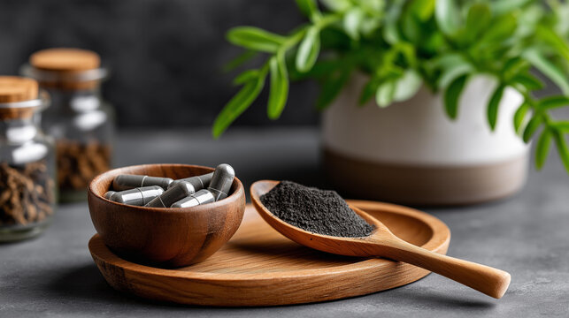 Activated charcoal supplement capsules on a wooden spoon next to a small bowl of carbon powder, natural detox remedy, organic wellness and alternative medicine concept, defocused