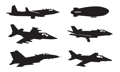 Military fighter jet and surveillance blimp silhouette set. Combat aircraft side view profiles for aerospace defense infographics and recognition charts. Vector aviation symbols.  © Articurve