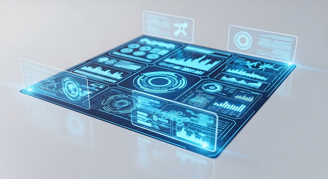 Advanced futuristic interface featuring digital grid system data visualization technical code programming cyan dashboard UI element electronic screen display minimalist white background.