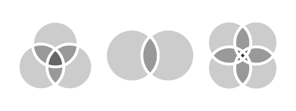 Set of gray colored Venn diagrams with 2, 3 and 4 intersected circles isolated on white background. Templates for statistics chart, presentation or analytics schema. Vecor graphic illustration