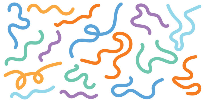 Colorful hand drawn doodle squiggle set. Aesthetic wavy lines and loop stickers for digital planners and social media. Vector monoline design elements.