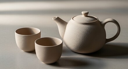 Minimalist ceramic teapot and cups set on neutral background for tea lifestyle concept.