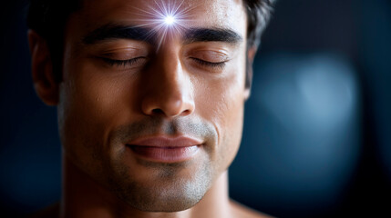 Obraz premium Faceless man meditating with a glowing third eye opening at the center of the forehead, spiritual enlightenment and higher awareness concept, defocused background, with copy space
