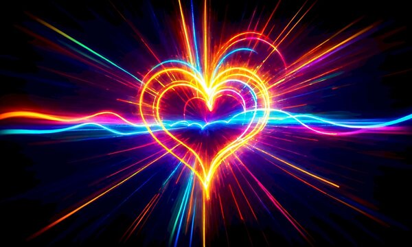 neon glowing heart with colorful light waves and vibrant rays on a dark background with rainbow color streaks and electric energy effects and bright luminosity.