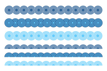 Borders with repeated blue overlapped circles and semicircles. Dividers or separators with sea or ocean scallops, dragon or fish scale texture. Abstract oriental ornaments. Vector flat illustration. © vikusha_art