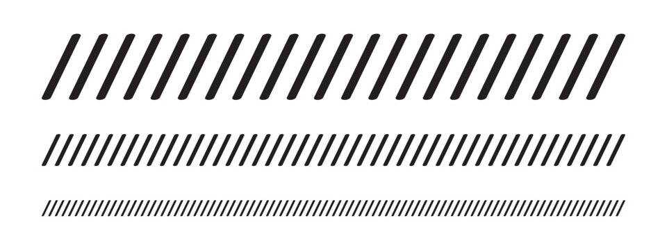 Set of dividers with slash lines. Borders with tilted parallel stripes. Embroidery ornament with black slanted stitches on white background. Abstract geometric print. Vector graphic illustration