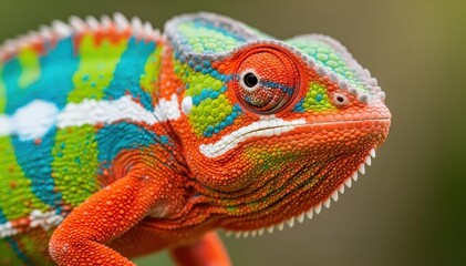Obraz premium Chameleon: A close-up view of a vibrant chameleon, showcasing its spectacular color and texture, eye-catching beauty, and mesmerizing gaze.