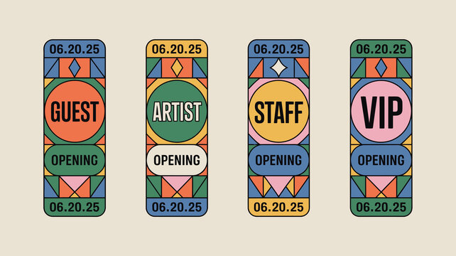 Four colorful vertically oriented badges are displayed each designated for guest artist staff and vip access high quality professional detailed modern elegant stylish clean crisp vibrant
