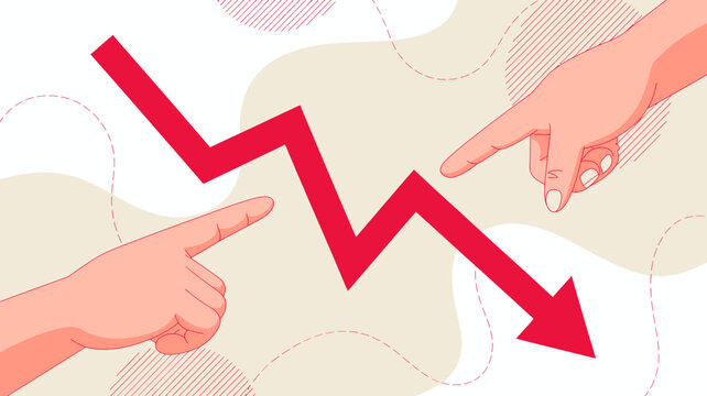 An illustration depicts a sharply declining red line graph with two hands pointing towards its downward trend symbolizing loss or failure high quality professional detailed modern