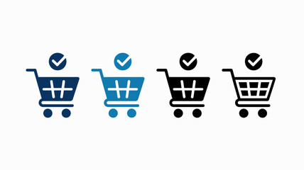 A set of four shopping cart icons are displayed varying in color and fill each marked with a checkmark symbol high quality professional detailed modern elegant © Iconhub