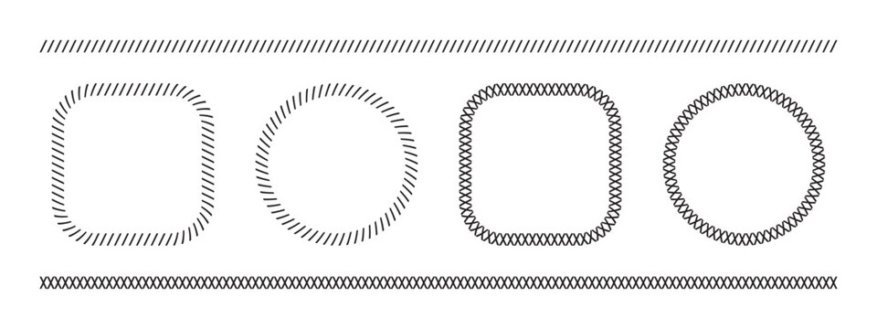 Set of borders and frames with slashes and crosses print. Slanted and crossed stitches embroidery ornaments isolated on white background. Sewing overlock fabric prints. Vector graphic illustration