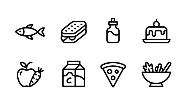 A collection of simple black and white line icons depicts various food items including fish sandwiches cake and fresh produce high quality professional detailed modern elegant