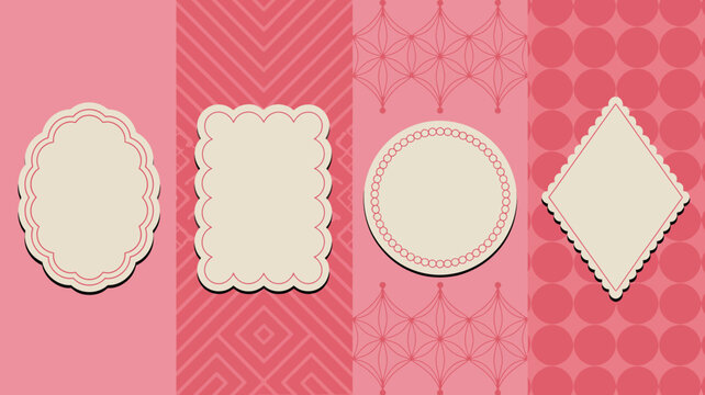 A vibrant repeating pattern of red and pink backgrounds features four decorative frames with scalloped edges suitable for design elements high quality professional detailed modern elegant