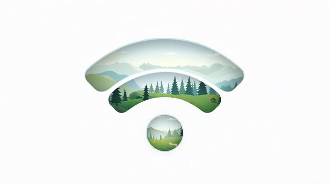 自然の山並みを切り取ったWi-Fiシンボルのミニマル風景エンブレム