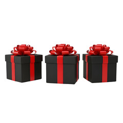 Three black gift boxes with red ribbons and bows on transparent background