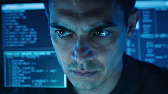 A determined man intently codes at a computer, bathed in the glow of the screen. Perfect for illustrating cybersecurity, technology, or problem-solvin