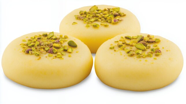 Three Indian Ras Malai Desserts Garnished with Chopped Pistachios