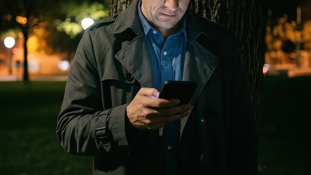 A man in a trench coat leans against a large tree in a park at night, intently staring at the screen of his smartphone.