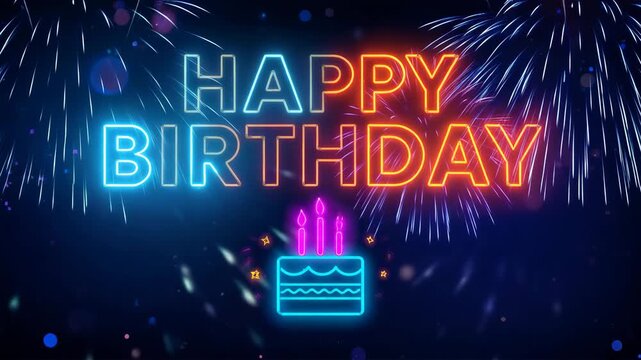 濃紺の背景にネオングローで輝くHAPPY BIRTHDAYデザイン