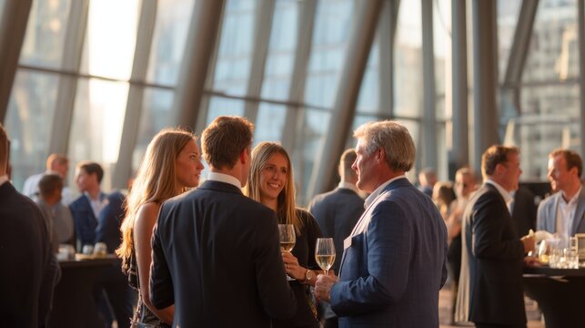Business professionals engaging in networking and conversation at a modern corporate event in a glass-walled venue with natural sunlight and contemporary architecture