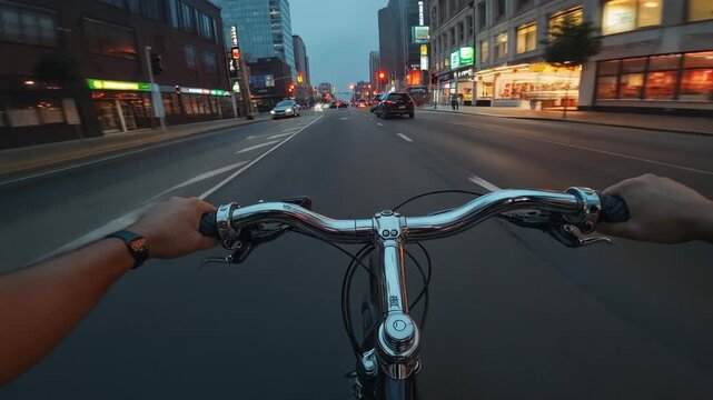 男性が夕方の繁華街を自転車で走り抜ける一人称視点の都市シーン