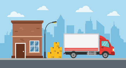 Naklejka premium Delivery truck parked next to a brick building and boxes in an urban cityscape to represent logistics or transport services.