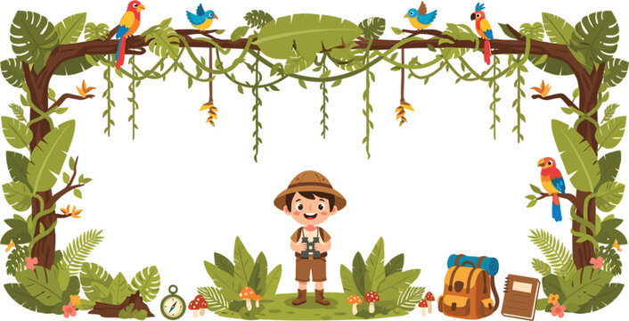 Happy young boy explorer in safari outfit standing inside tropical jungle frame with parrots vines backpack and travel equipment vector