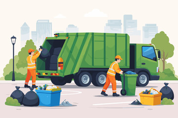 Naklejka premium Professional Sanitation Workers Loading Garbage Bags and Recycling Bins into a Green Waste Collection Truck on a City Road, Flat Vector Illustration of Urban Cleaning and Environmental Service