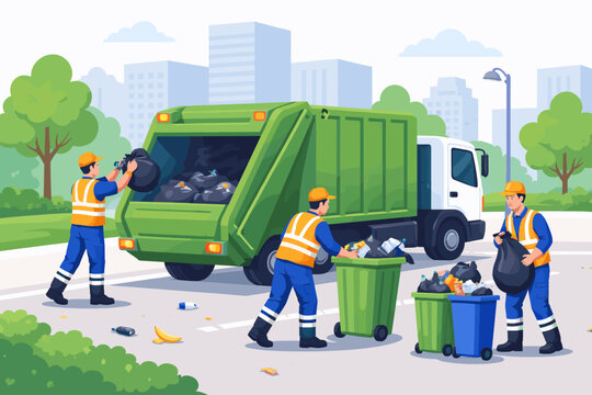 Sanitation Workers in High-Visibility Vests Collecting Garbage into a Green Truck on a City Street, Waste Management Team Cleaning Urban Environment with Bins and Bags, Flat Vector Illustration