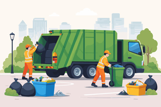 Professional Sanitation Workers Loading Garbage Bags and Recycling Bins into a Green Waste Collection Truck on a City Road, Flat Vector Illustration of Urban Cleaning and Environmental Service