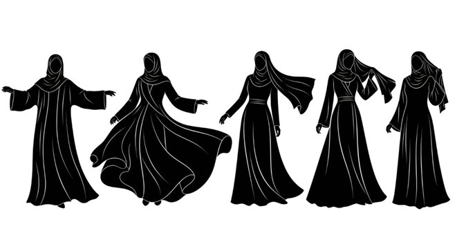 Muslim woman abaya silhouette set, traditional Islamic fashion poses on white background
