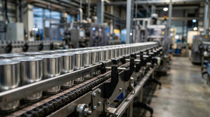 Fototapeta premium Cans move along a conveyor belt in a busy factory. Workers can be seen in the background. Equipment runs steadily to prepare items for packaging and shipping