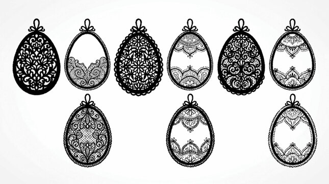 Elegant black and white easter egg silhouettes with intricate lace and doily patterns for festive designs