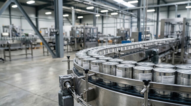 A factory setting shows a conveyor belt moving rows of cans. Workers can be seen in the background. Machines are busy processing products. The lighting is bright and the floor is clean