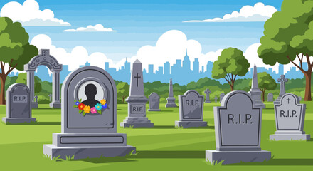 Obraz premium Cartoon cemetery scene with colorful tombstone and city skyline in background