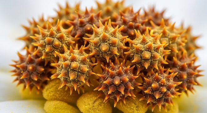 A close-up view of a spiky brown and orange object with sharp thorns sits on top of several small yellow objects on a white surface.