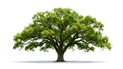 Obraz premium Majestic ancient oak tree with lush green foliage on a clean white background, isolated studio shot