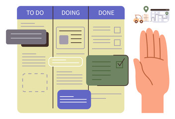 Project planning, workflow visualization, team collaboration, logistics, time management, inventory tracking. Kanban board with to-do, doing done columns a hand and logistics icons. Project © robu_s
