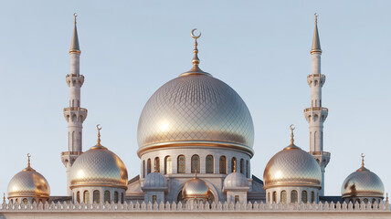 Fototapeta premium luxury islamic mosque dome and minaret with gold and marble details, elegant ramadan 3d architectural render isolated