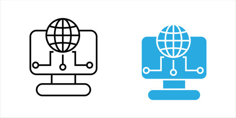 Minimal outline icon SET. of computer monitor with globe and connected nodes representing global network, internet technology, digital communication, and data connectivity.