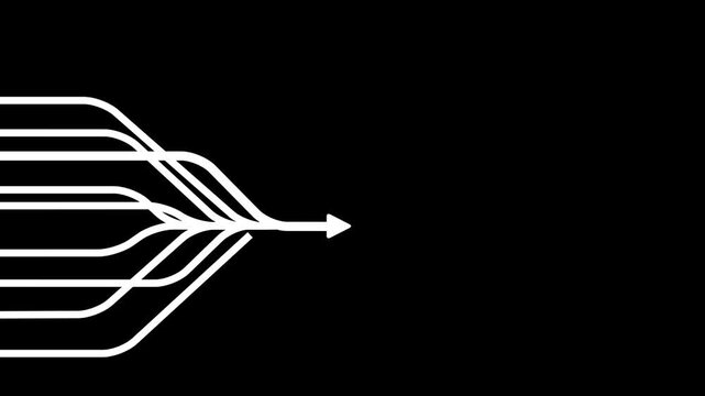 Abstract Data Flow Merge Arrow Icon, Multiple Lines Converging into Single Direction, Network Routing and Workflow Process Symbol, Technology Data Integration Concept white Line Arrow Graphic Design